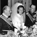 King Olav, Crown Prince Harald and Crown Princess Sonja during the gala dinner (Archive, Scanpix)